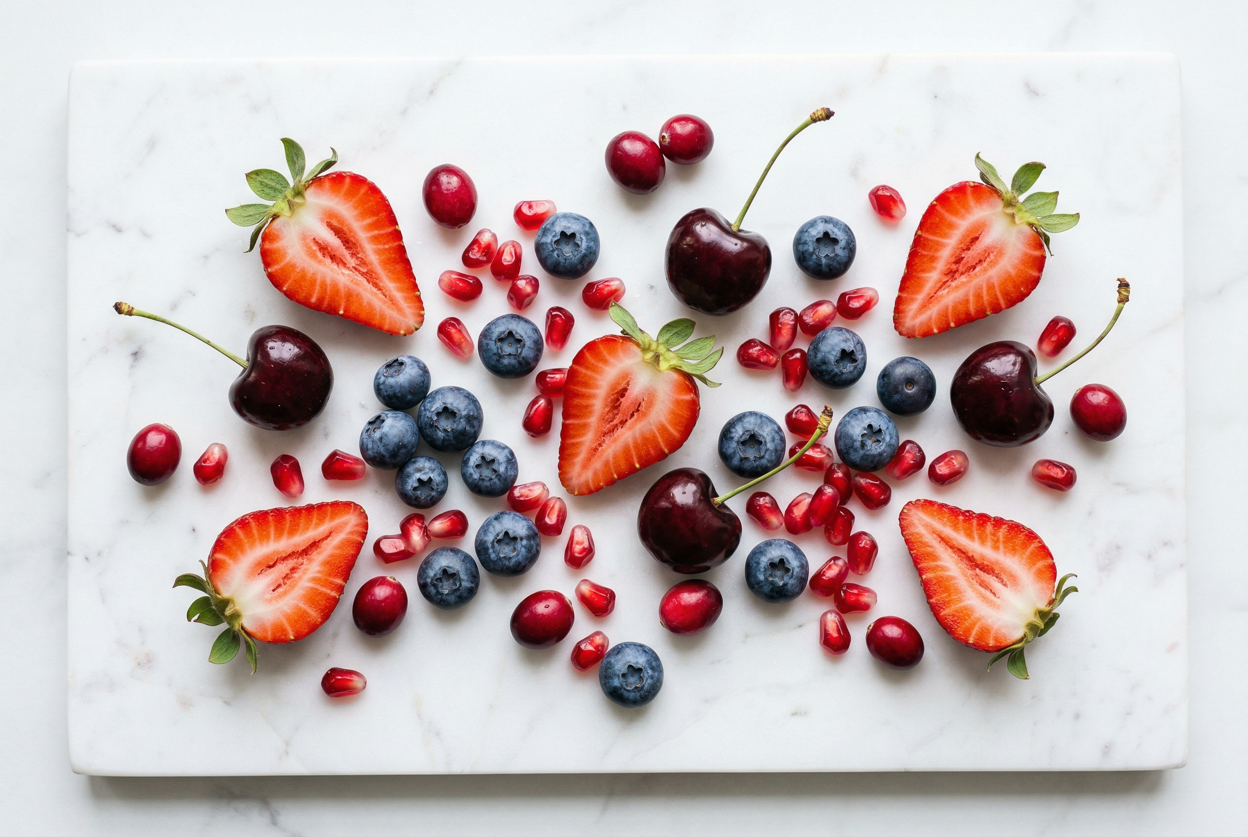NSP Reds Blend antioxidant fruits — fresh strawberries, blueberries, tart cherries, cranberries and pomegranate seeds on white marble