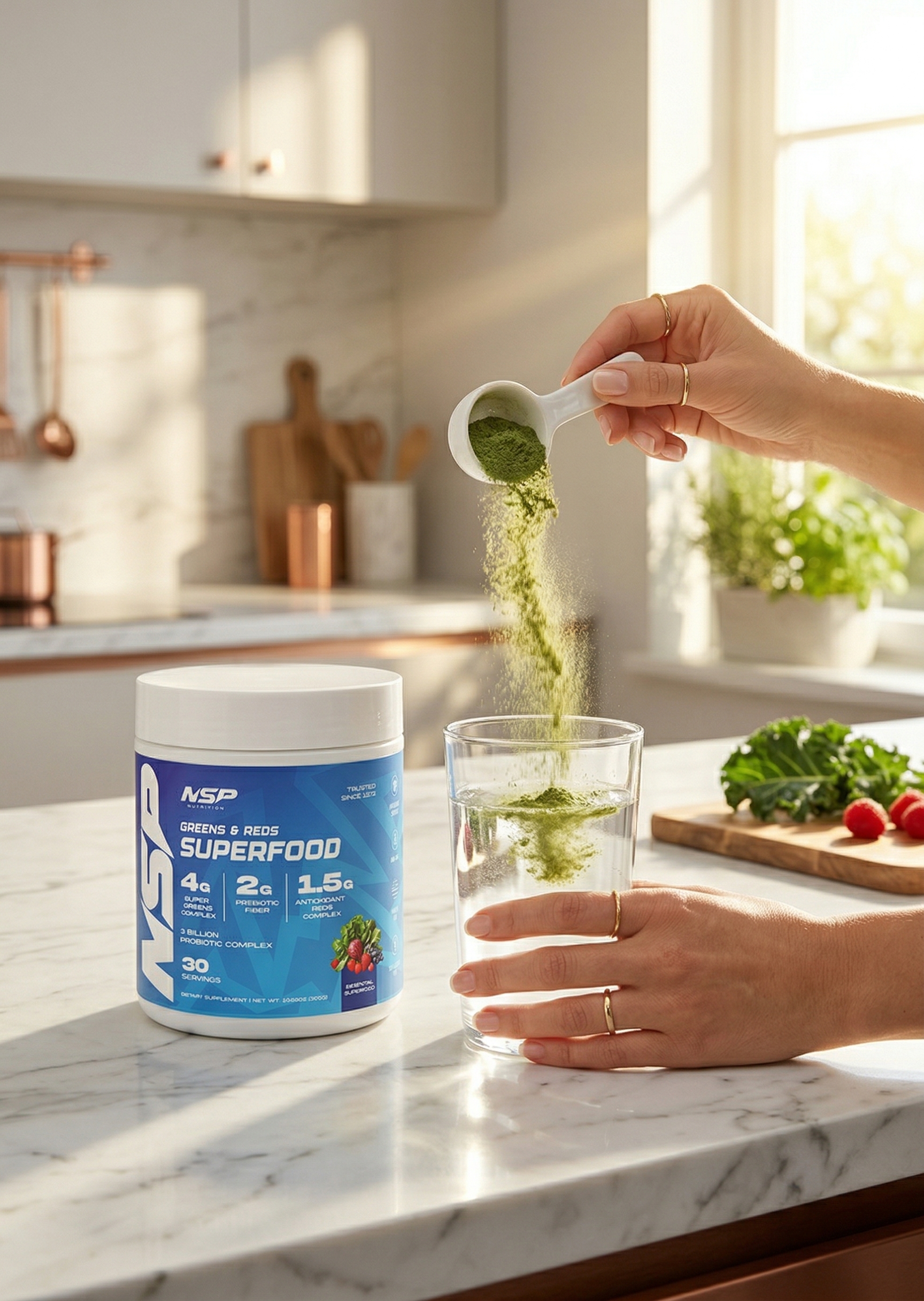 Morning routine — pouring NSP Superhuman Greens & Reds superfood powder into water in a modern kitchen