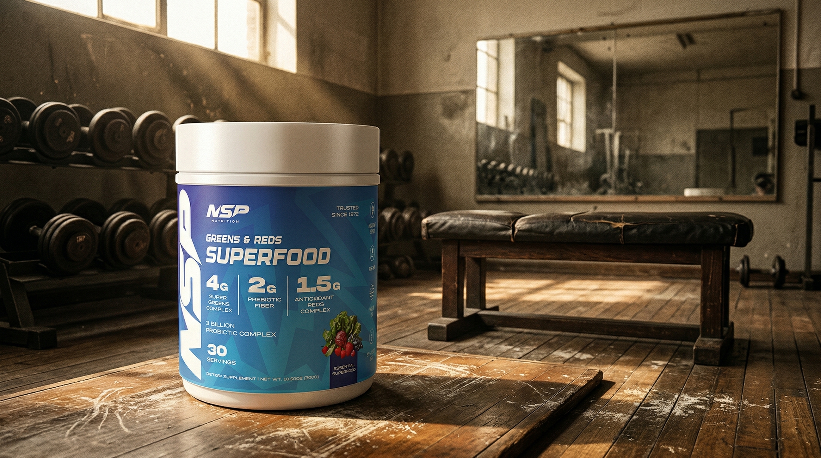 NSP Nutrition Greens & Reds in a vintage 1970s gym — Vince Gironda's legacy