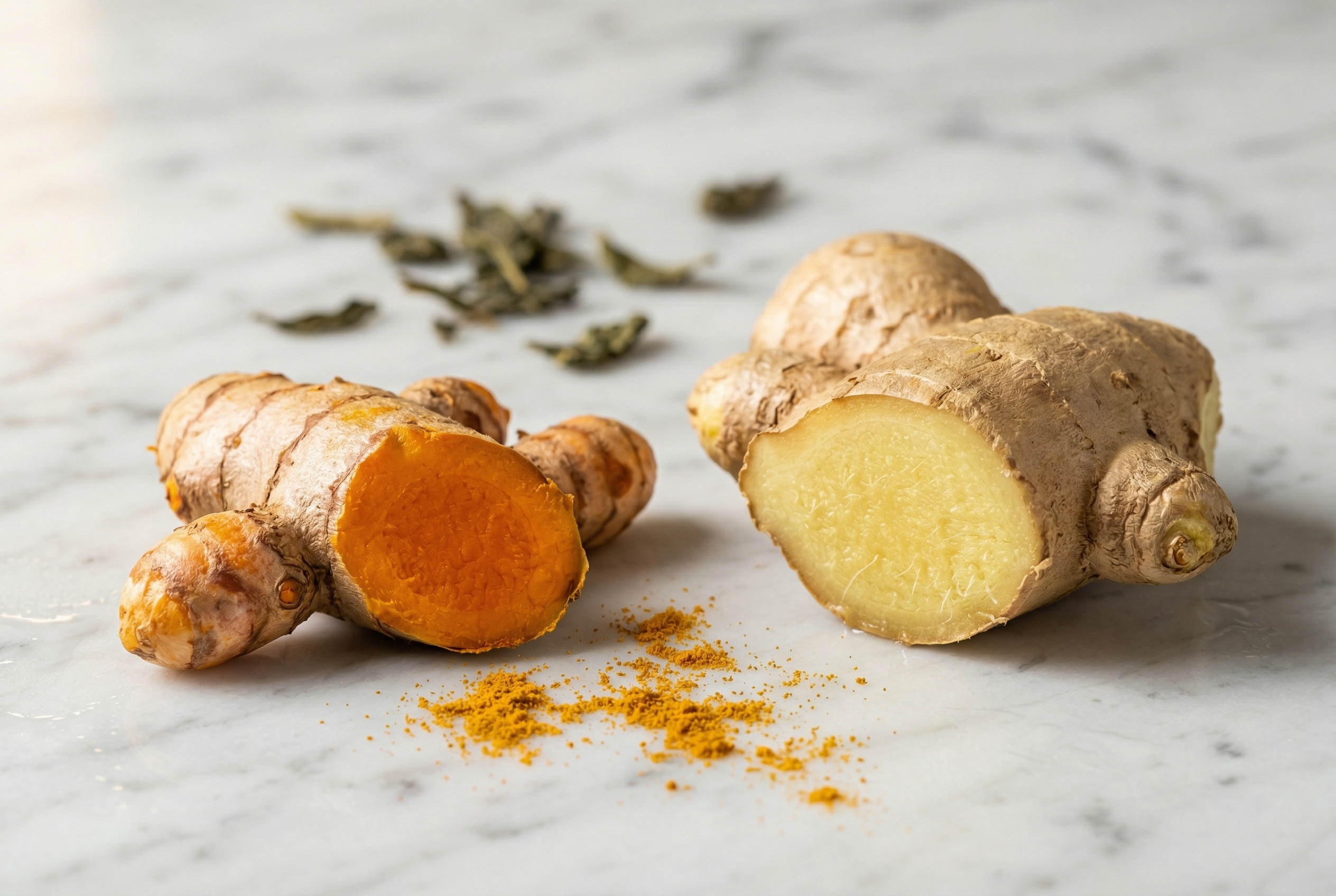 Fresh turmeric root, ginger root and green tea leaves on marble — NSP Metabolic Blend 1000mg traditional ingredients