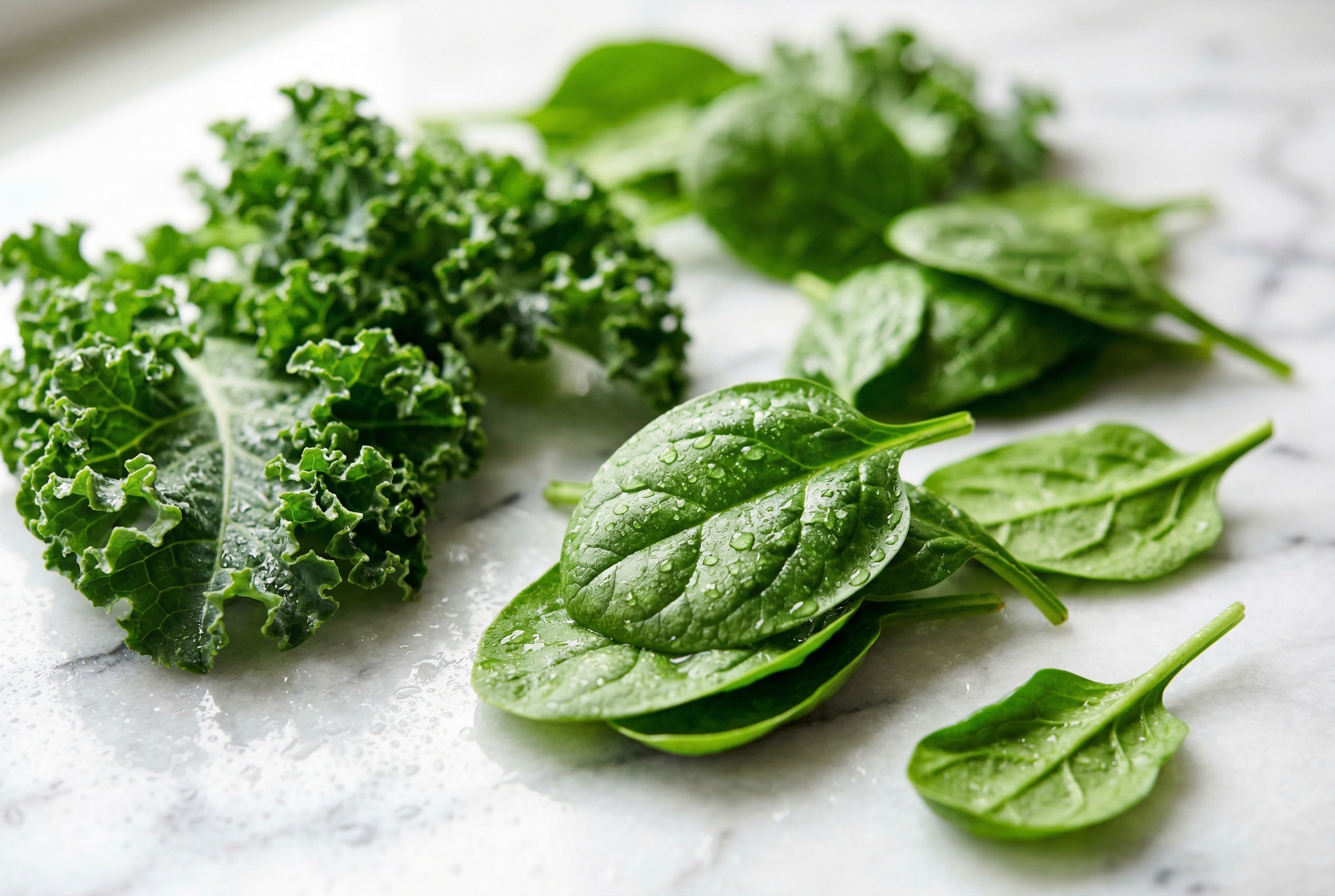 Fresh organic baby spinach and curly kale leaves with water droplets on marble — key ingredients in NSP Greens Blend 4000mg