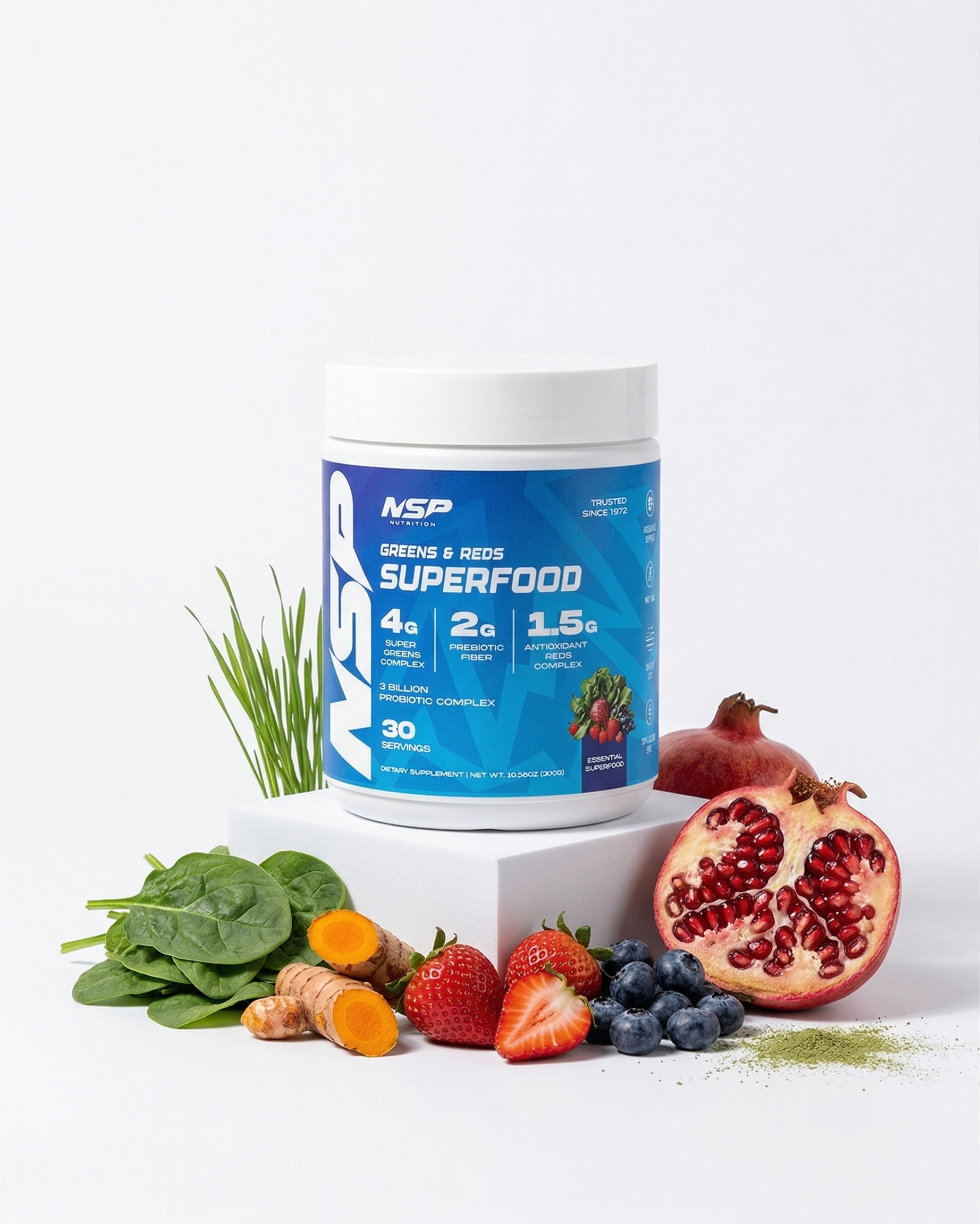 NSP Superhuman Greens & Reds Superfood Powder container with fresh spinach, kale, blueberries, strawberries, turmeric and wheatgrass — 30 servings