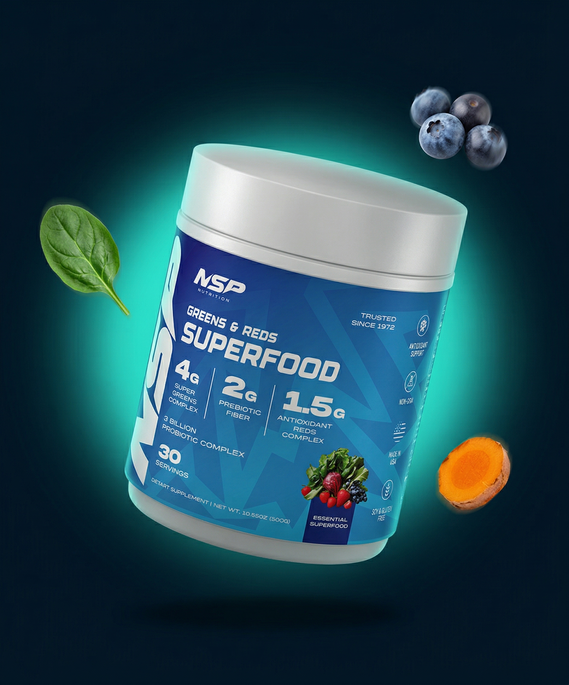 NSP Nutrition Superhuman Greens & Reds Superfood Powder — premium daily greens supplement with floating spinach, blueberry and turmeric ingredients